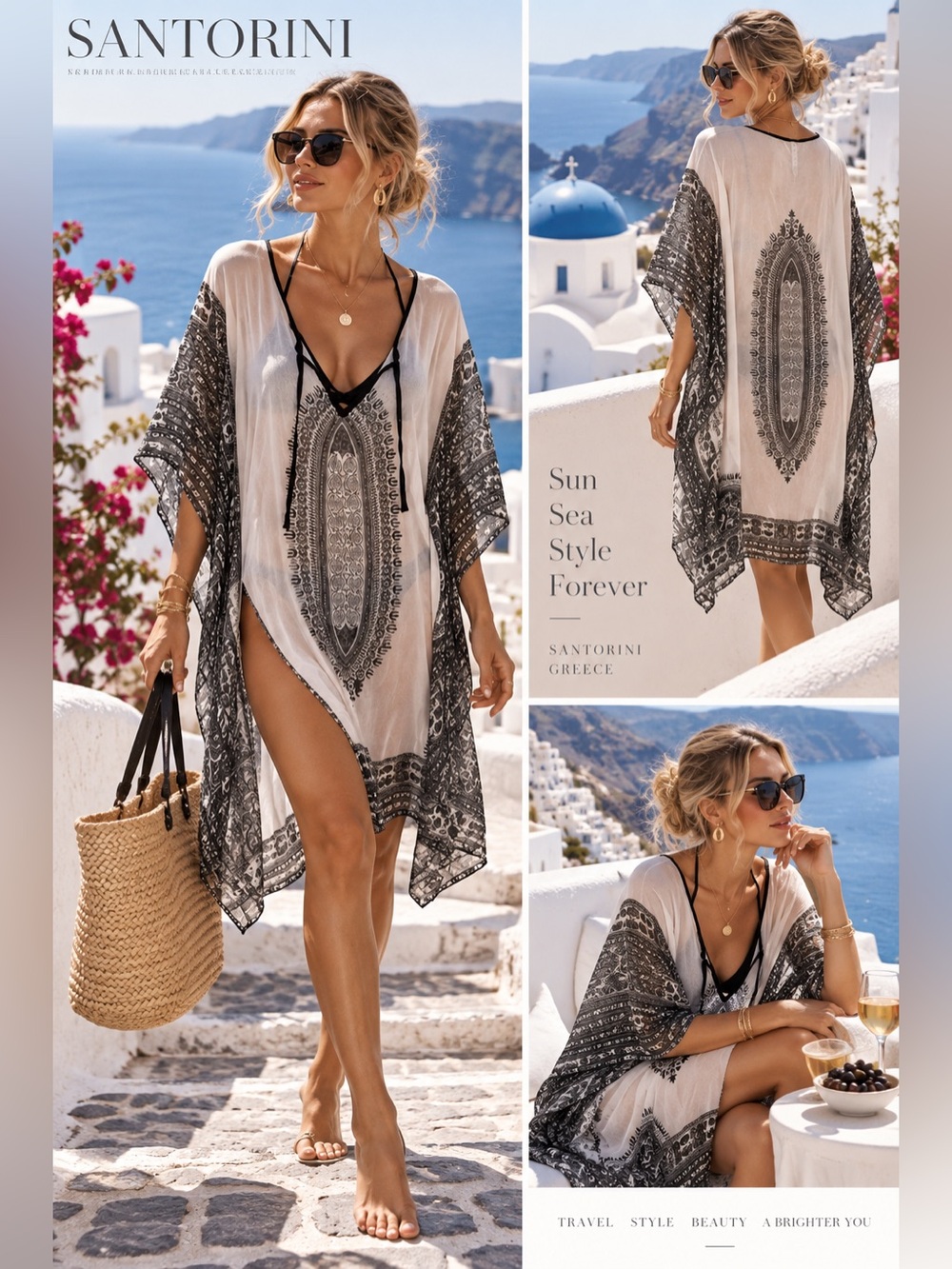 Printed Beach Kaftan Cover-Up in White & Black